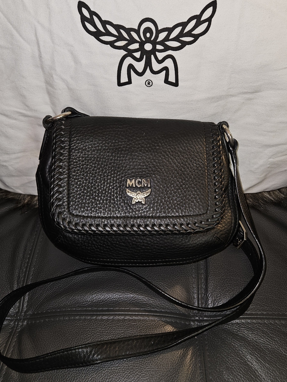 MCM Black Pebbled Leather Crossbody with Braided Trim